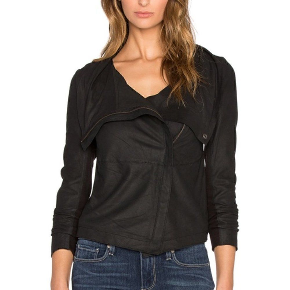 Like New Buttery Black Draped Neck Leather Bovaye Jacket
